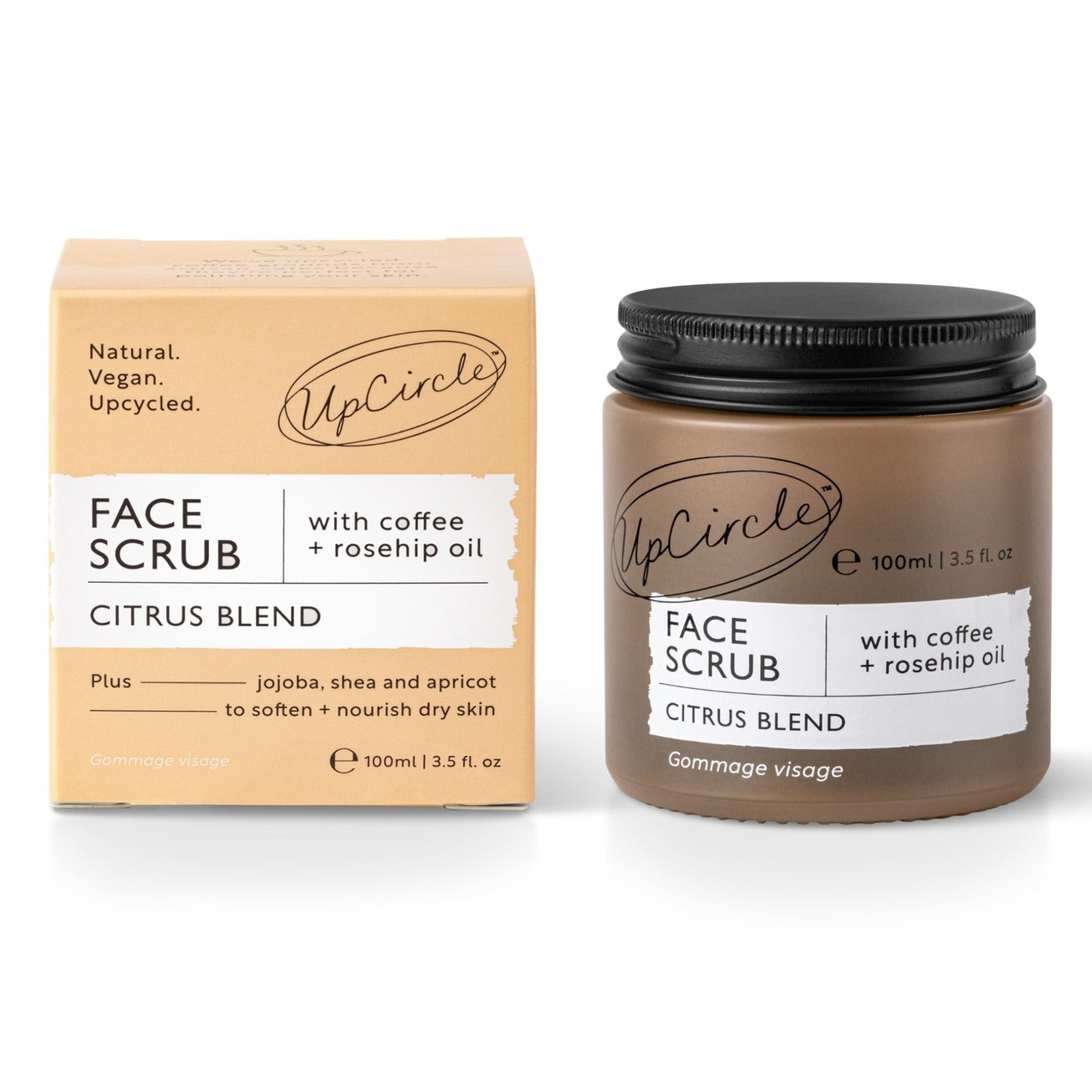 Esfoliante facial de café cítrico UpCircle em frasco de vidro, vista frontal. UpCircle citrus coffee face scrub in glass jar, front view